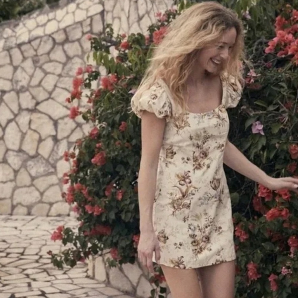 NWT Doen Marcie Cream Floral Puff Sleeves Mini Dress M